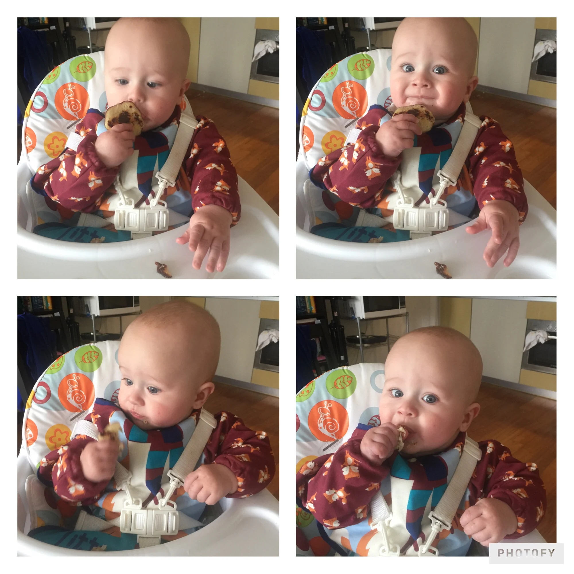 four photos of Dexter sat in a high chair eating baby led weaning banana pancakes