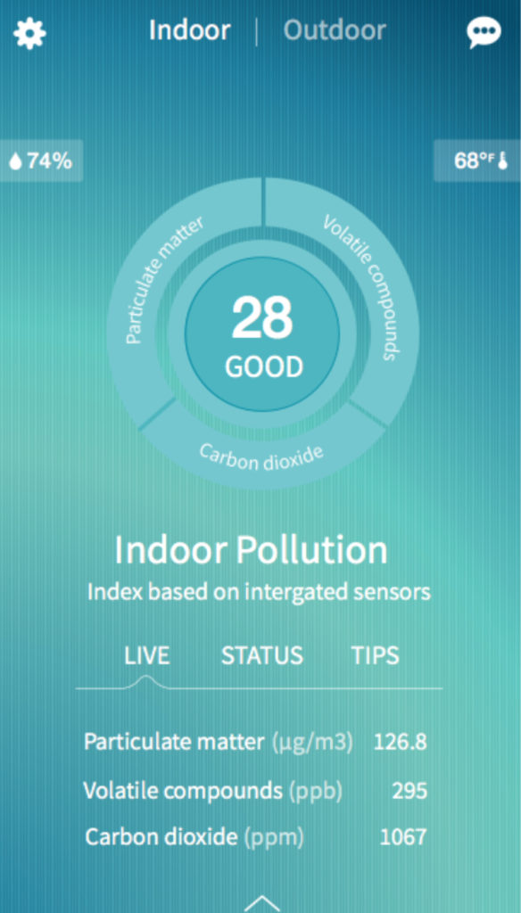 Screenshot of the foobot air quality monitor's app showing the indoor pollution levels