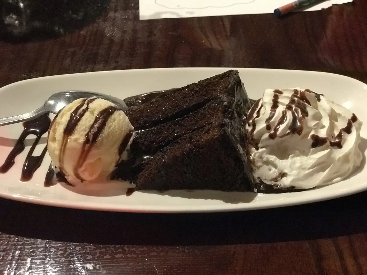 My dessert of chocolate fudge cake, ice cream and whipped cream in the buccaneer, blackpool