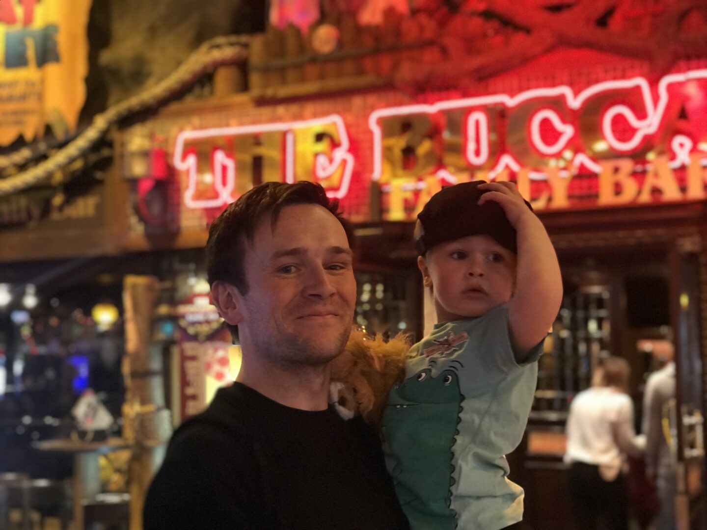 Neil and dexter outside the Buccaneer restaurant in Coral Island, Blackpool