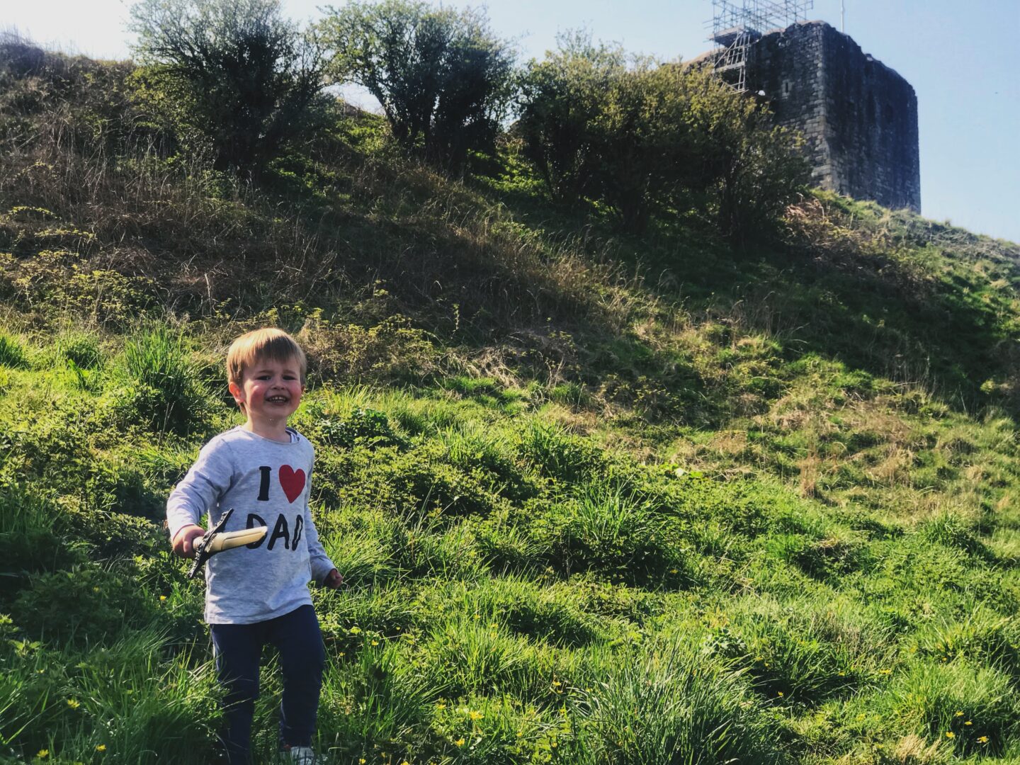 Dexter wearing I heart Dad t-shirt holding a sword on the grass outside Dundonald castle