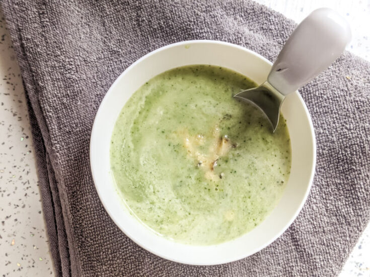broccoli soup for babies in IKEA bowl and Doddl spoon