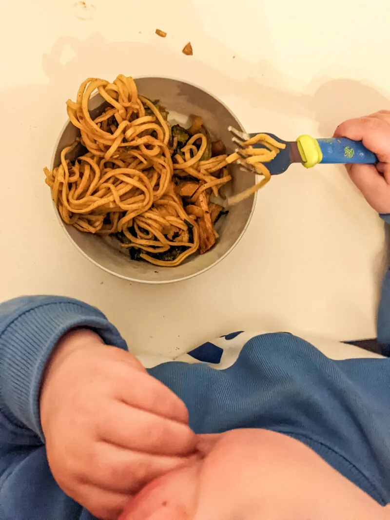 Felix eating chicken noodles for toddlers