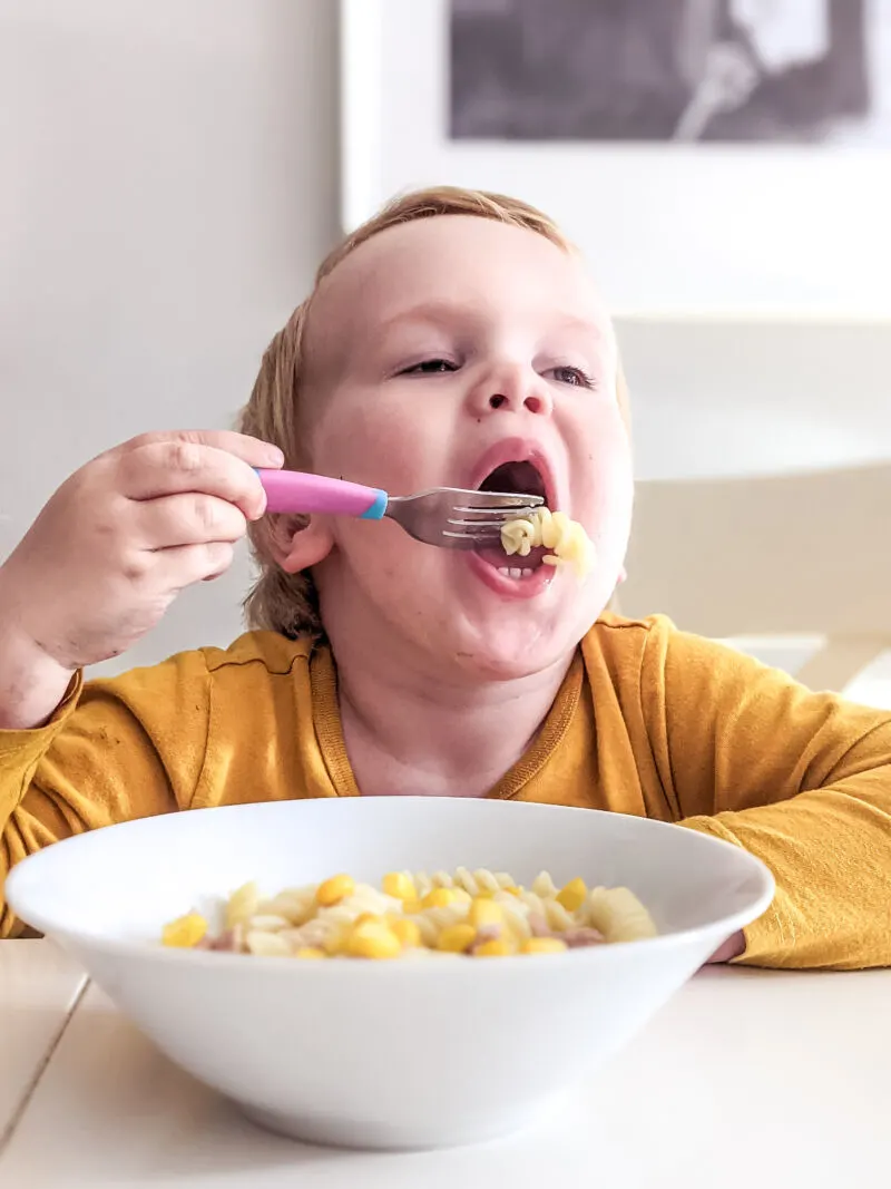 felix eating tuna pasta salad for babies