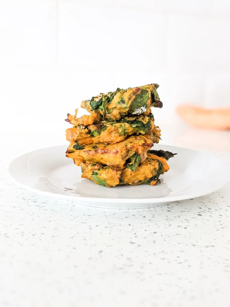 tuna, sweet potato and spinach patties in a stack