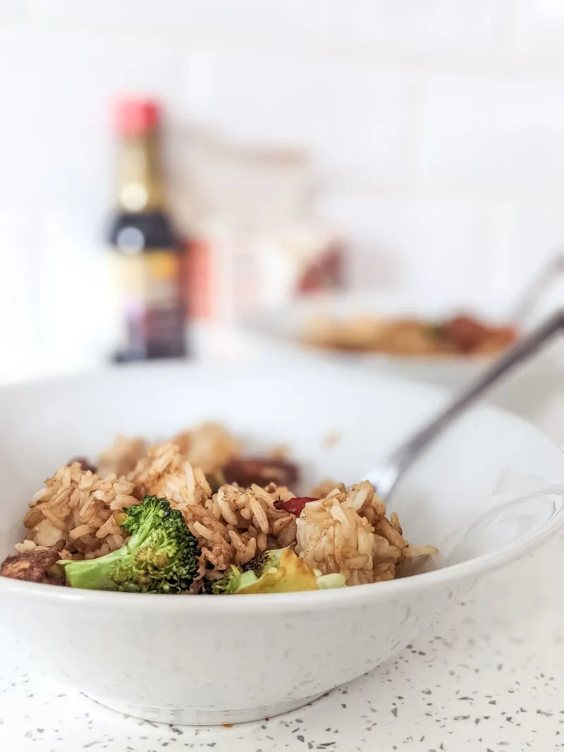 tofu fried rice for kids in white bowls