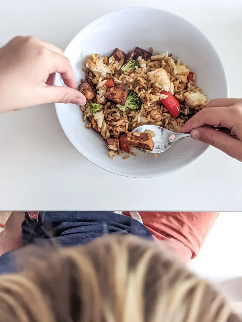 dexter eating tofu fried rice for kids