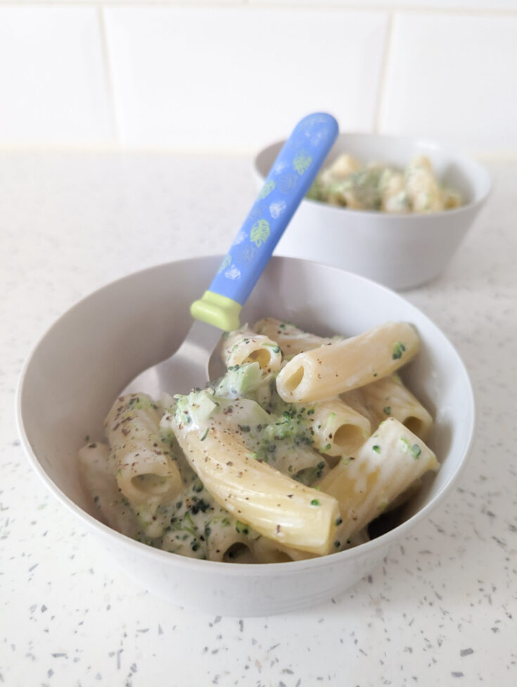 cheesy broccoli pasta baby led weaning recipe in bowls
