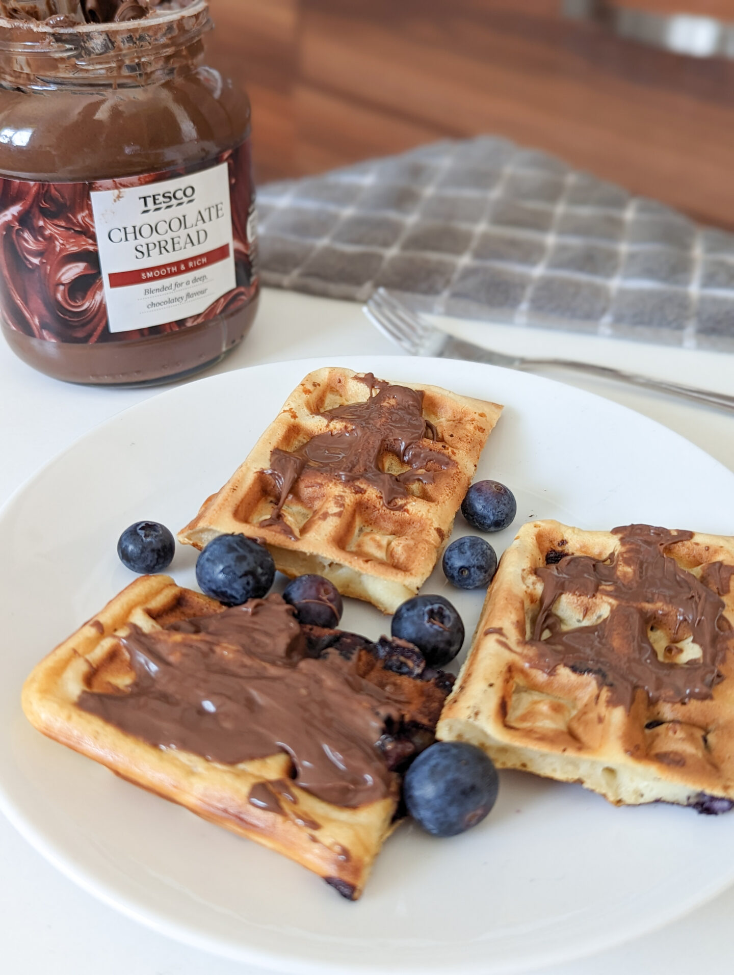 blueberry waffles for toddlers topped with chocolate spread